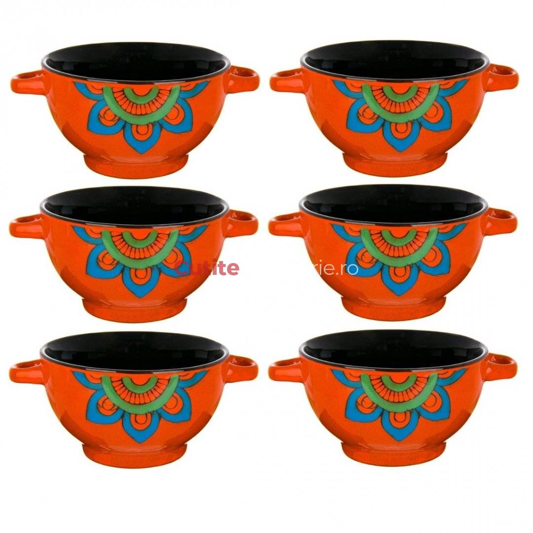 instance pop Edition Set 6 Boluri ceramice cu maner pentru supa/ciorba, 650 ml, Orange Retro