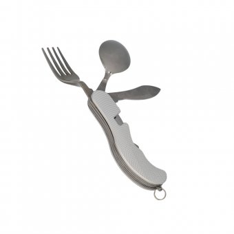 Briceag multifunctional pentru camping 5 in 1 cu lingura si furculita, detasabil, 18 cm, argintiu