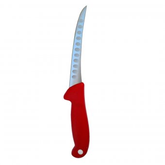 Cutit profesional pentru dezosat, lama curbata cu alveole 13 cm, otel inoxidabil, Rosu