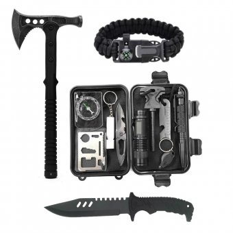 Kit de Supravietuire Combat, 15 piese, multifunctional, Toporisca camping si Cutit Vanatoare inclus