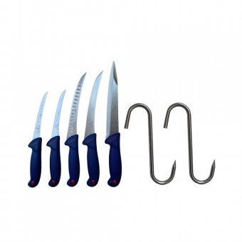 Kit Profesional macelar 5 Cutite profesionale macelarie, otel inoxidabil si 2 Carlige 10 mm inox