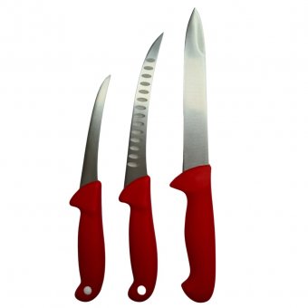 Set 3 Cutite profesionale pentru macelarie, injunghiat, filetat, dezosat, otel inoxidabil, maner Rosu
