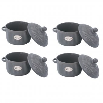 Set 4 Boluri ceramice cu capac pentru supa, Dark Grey, 600 ml