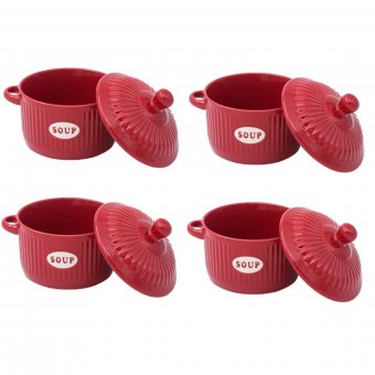 Set 4 Boluri ceramice cu capac pentru supa, Red , 600 ml