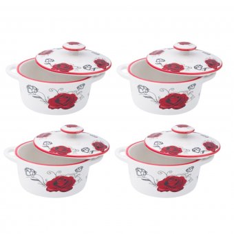 Set 4 Boluri ceramice cu capac pentru supa, Red Rose, 600 ml, Alb/Rosu