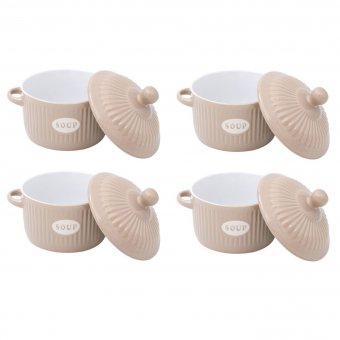 Set 4 Boluri ceramice cu manere si capac pentru supa, Crem, 600 ml