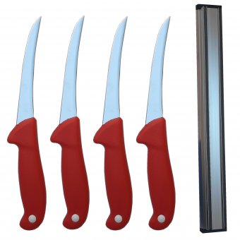 Set 4 cutite profesionale macelarie, lama curbata , pentru dezosat, GRM-Red si suport magnetic
