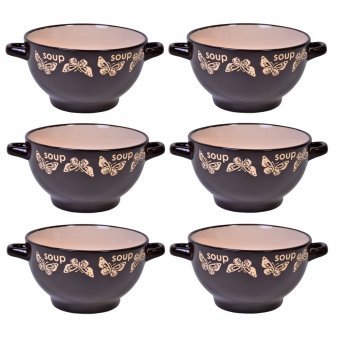 Set 6 Boluri ceramice cu maner pentru supa/ciorba, 650 ml, Brown