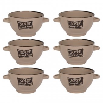Set 6 Boluri ceramice cu maner pentru supa/ciorba, 650 ml, Crem