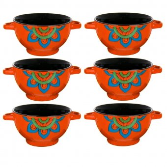 Set 6 Boluri ceramice cu maner pentru supa/ciorba, 650 ml, Orange Retro