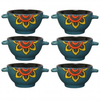 Set 6 Boluri ceramice cu maner pentru supa/ciorba, 650 ml, Retro Blue