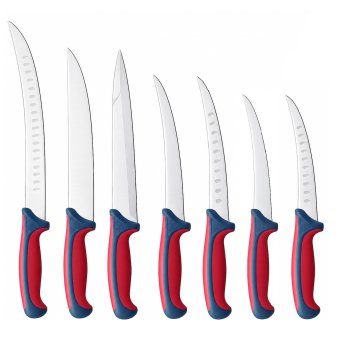 Set 7 Cutite Profesionale pentru Macelarie si Procesare Carne, Dezosare, Filetare, Transare, Portionare si Injunghiat, Otel Inoxidabil, Manere Ergonomice Antiderapante Rosu-Gri