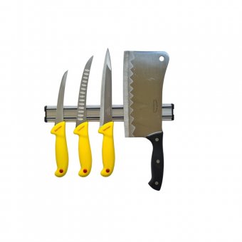 Set macelarie format din 3 cutite profesionale, injunghiat, filetat, dezosat, maner Galben, Satar si suport magnetic