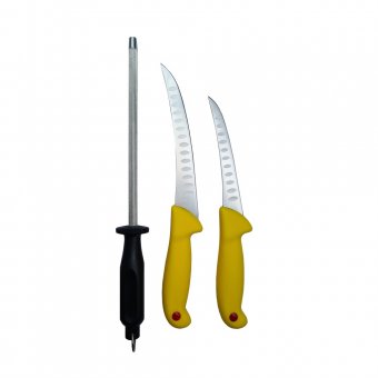 Set profesional macelar Gold-WA 3 piese, cutit filetat, dezosat, lama curbata 1/2Flex cu alveole si masat rotund