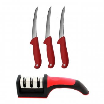 Set profesional macelarie, 3 Cutite dezosat GRM-Red si dispozitiv manual ascutit 3 nivele intensitate