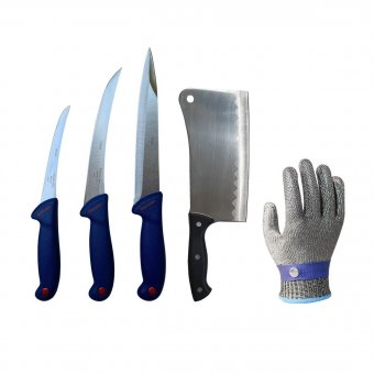 Set profesional macelarie 5 piese, Cutite inunghiat, filetat, dezosat, Satar si Manusa anti-taiere