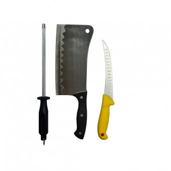Set profesional macelarie format din Satar 800g, Cutit filetat lama 20 cm cu alveole si masat