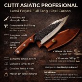 Cutit asiatic profesional, Full Tang, lama forjata, otel carbon, 30 cm, maner lemn, husa inclusa