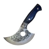 Cutit Profesional Bucatarie tip Satar, lama curbata hammered din otel carbon, maner lemn albastru, 22.5 cm