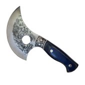 Cutit Profesional Bucatarie tip Satar, lama curbata hammered din otel carbon, maner lemn albastru, 22.5 cm