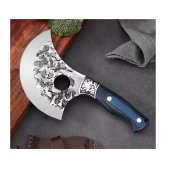 Cutit Profesional Bucatarie tip Satar, lama curbata hammered din otel carbon, maner lemn albastru, 22.5 cm