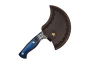 Cutit Profesional Bucatarie tip Satar, lama curbata hammered din otel carbon, maner lemn albastru, 22.5 cm