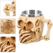 Halba de bere Skeleton 400 ml, Inox si Rasina, Model Mute Skeleton, Design Gothic cu Craniu, Cadou pentru Barbati