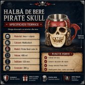 Halba de bere Pirate Skull 400 ml, inox+rasina, multicolora