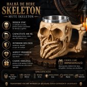 Halba de bere Skeleton 400 ml, Inox si Rasina, Model Mute Skeleton, Design Gothic cu Craniu, Cadou pentru Barbati