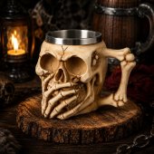 Halba de bere Skeleton 400 ml, Inox si Rasina, Model Mute Skeleton, Design Gothic cu Craniu, Cadou pentru Barbati