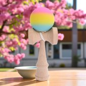 Kendama profesionala din lemn de fag 18 cm, 160 g cu bila 80 g, vopsea aderenta mata, design Rainbow Fade