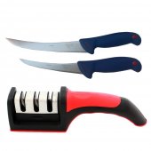 Kit macelarie format din 2 Cutite profesionale GRM Blue, filetat, dezosat si dispozitiv manual ascutit 3 nivele intensitate
