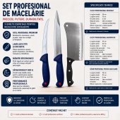 Kit profesional macelarie format din Cutite injunghiat, dezosat si Satar 800g, otel inoxidabil