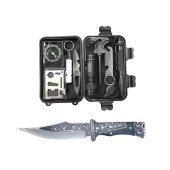 Kit supravietuire 14 piese, cutit Deer 27 cm, lanterna LED, busola, amnar, bratara paracord, camping, drumetii, outdoor, negru