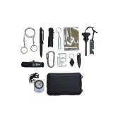Kit supravietuire 14 piese, cutit Deer 27 cm, lanterna LED, busola, amnar, bratara paracord, camping, drumetii, outdoor, negru