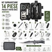 Kit supravietuire 14 piese, cutit Deer 27 cm, lanterna LED, busola, amnar, bratara paracord, camping, drumetii, outdoor, negru