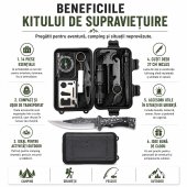 Kit supravietuire 14 piese, cutit Deer 27 cm, lanterna LED, busola, amnar, bratara paracord, camping, drumetii, outdoor, negru