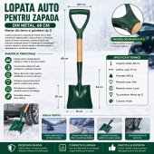 Lopata auto pentru zapada din metal, 68 cm, Maner din lemn si prindere tip D, Verde