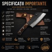 Satar profesional bucatar, Full Tang, 422 g, lama forjata, otel carbon, husa inclusa