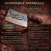 Satar profesional macelar, Full Tang, lama forjata, otel carbon, 685g, maner lemn