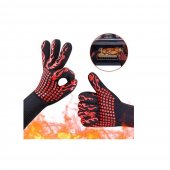 Set 2 Manusi BBQ ignifuge pentru gratar, Negru/Rosu, maxim 300°C