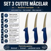 Set 3 cutite macelar GER3 Blue, 28 cm, lama curbata, pentru dezosat, maner albastru