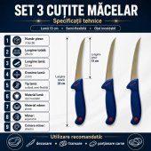 Set 3 cutite macelar GER3 Blue, 28 cm, lama curbata, pentru dezosat, maner albastru