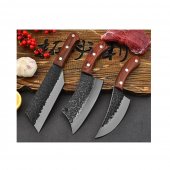 Set 3 Cutite Profesionale Bucatar, lama forjata, Full Tang, otel carbon, huse incluse