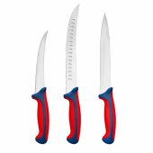 Set 3 Cutite Profesionale Macelarie – Dezosare, Filetare si Procesare Carne, Otel Inoxidabil, Manere Antiderapante, Rosu-Gri