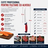Set 3 Cutite Profesionale Macelarie – Dezosare, Filetare si Procesare Carne, Otel Inoxidabil, Manere Antiderapante, Rosu-Gri