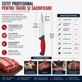 Set 3 Cutite Profesionale Macelarie – Dezosare, Filetare si Procesare Carne, Otel Inoxidabil, Manere Antiderapante, Rosu-Gri