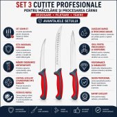 Set 3 Cutite Profesionale Macelarie – Dezosare, Filetare si Procesare Carne, Otel Inoxidabil, Manere Antiderapante, Rosu-Gri