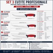 Set 3 Cutite Profesionale Macelarie – Dezosare, Filetare si Procesare Carne, Otel Inoxidabil, Manere Antiderapante, Rosu-Gri