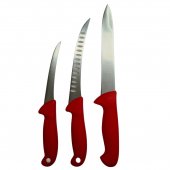 Set 3 Cutite profesionale pentru macelarie, injunghiat, filetat, dezosat, otel inoxidabil, maner Rosu